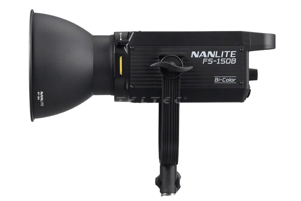 Schwarze Nanlite FS-150B Bi-Color Studiolicht mit großem Reflektor und Griff.